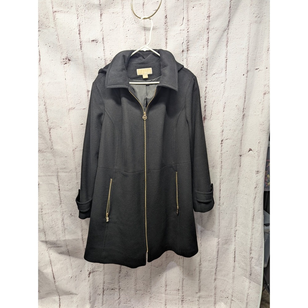 MICHAEL KORS Pea Coat Womens Size 2X Black Wool Gold Buttons Removable Hood